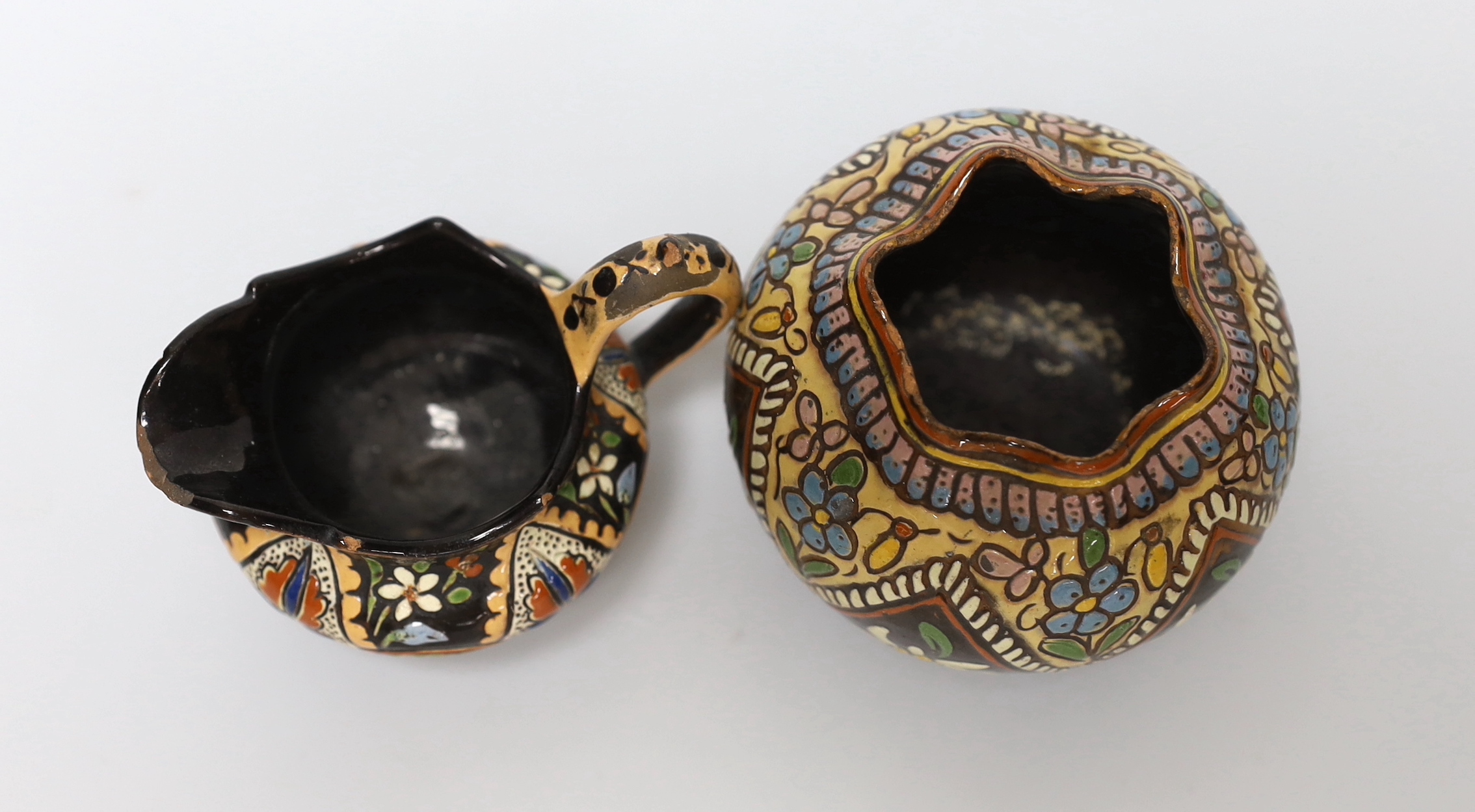 Three Thoune glazed earthenware items comprising dish, jug and vase, two signed to the base, the largest 12cm wide